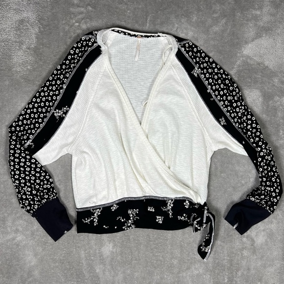 Free People Top Womens Large Auxton Thermal Floral Faux Wrap Hippie Ling Sleeve - Picture 2 of 10